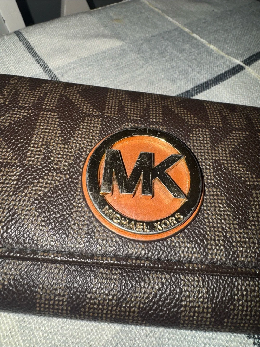 Michael Kors Dark Brown MK Logo Continental Wallet with Tan Logo Accent